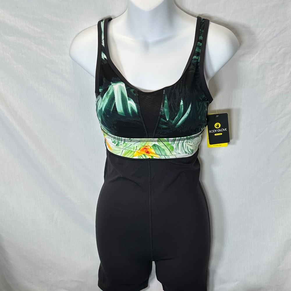Body Glove Black and Green Leaf One Piece Swimsuit w/ shorts and Nylolite